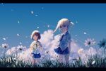  2girls alice_(openhexagon) black_neckwear black_ribbon black_skirt blonde_hair brown_eyes brown_hair clouds day floating_hair flower grass hair_ribbon highres holding_wreath kill_me_baby letterboxed long_hair multiple_girls necktie open_mouth oribe_yasuna outdoors ribbon school_uniform short_hair short_sleeves skirt sonya_(kill_me_baby) standing twintails violet_eyes wind wind_lift wreath 