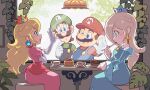  2boys 2girls blonde_hair blue_dress cake crown dress earrings elbow_gloves facial_hair food gloves green_headwear green_shirt jewelry long_sleeves luigi mario super_mario_bros. multiple_boys multiple_girls mustache omochi_(glassheart_0u0) overalls pink_dress platinum_blonde_hair princess_peach red_headwear red_shirt rosalina shirt super_mario_galaxy tea white_gloves 