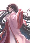  absurdres bangs black_hair blunt_bangs blush frills highres hime_cut houraisan_kaguya japanese_clothes kawayabug kimono long_hair long_sleeves pink_kimono red_ribbon red_skirt ribbon skirt sleeves_past_wrists smug touhou very_long_hair white_background white_neckwear wide_sleeves 