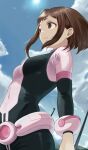  1girl absurdres blue_bodysuit blue_sky bodysuit boku_no_hero_academia brown_eyes brown_hair day expressionless fengling_(furin-jp) from_below highres looking_afar multicolored_bodysuit multicolored_clothes outdoors parted_lips pink_bodysuit short_hair sidelocks signature sky solo standing sun superhero uraraka_ochako 