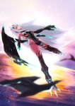  1girl fairy_knight_lancelot_(fate) fate/grand_order fate_(series) flying highres injured_wings injury long_hair quless sunlight sunset white_hair yellow_eyes 