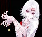  1boy awara_kayu bangs bell black_background collared_shirt commentary_request hair_ornament hairclip hands_up male_focus pale_skin parted_lips red_eyes red_nails ribbon shirt short_hair simple_background solo spot_color stitches suspenders suzuya_juuzou teeth tokyo_ghoul white_hair white_shirt x_hair_ornament 