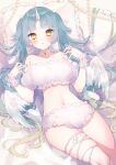  1girl absurdres angel angel_wings bangs bare_shoulders blush breasts chiyomaru_(yumichiyo0606) choker collarbone eyebrows_visible_through_hair feathered_wings frilled_pillow frills hands_up highres horns long_hair looking_at_viewer lying on_back original panties parted_lips pillow ribbon single_horn solo striped thigh_ribbon thigh_strap underwear vertical_stripes very_long_hair white_panties white_wings wings wrist_cuffs yellow_eyes 