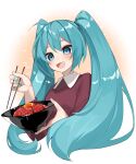  1girl :d absurdres aqua_nails bangs blue_eyes blue_hair blush bowl breasts chopsticks commentary_request cropped_torso egg eyebrows_behind_hair hatsune_miku highres holding holding_bowl holding_chopsticks long_hair long_sleeves looking_down nail_polish open_mouth purple_shirt reirou_(chokoonnpu) shirt simple_background small_breasts smile solo twintails upper_body vocaloid white_background wing_collar 