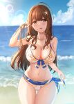  1girl ahoge aiban bikini blue_sky breasts brown_eyes brown_hair clouds commentary cowboy_shot day front-tie_bikini front-tie_top highres idolmaster idolmaster_shiny_colors kuwayama_chiyuki large_breasts long_hair navel outdoors side-tie_bikini sky solo standing starfish_hair_ornament swimsuit white_bikini wide_hips 