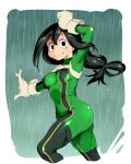  1girl :&gt; arm_up ass asui_tsuyu bangs black_eyes bodysuit boku_no_hero_academia breasts commentary covered_nipples cropped_legs empty_eyes funnyari gloves green_bodysuit hair_between_eyes hair_rings harness leg_up light_smile long_hair looking_at_viewer low-tied_long_hair medium_breasts outstretched_arm rain solo water_drop water_stream wet white_gloves 