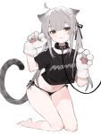  1girl :3 ahoge aiko_(kanl) animal_ears animal_hands barefoot black_panties black_shirt cat_ears cat_girl cat_tail collar crop_top crop_top_overhang extra_ears gloves grey_hair hair_ribbon hands_up kneeling leash long_hair looking_at_viewer navel no_pants original panties paw_gloves ribbon shirt short_sleeves side-tie_panties sidelocks simple_background smile solo stomach string_panties tail thighs twintails underwear white_background yellow_eyes 