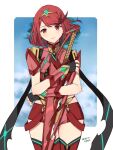  1girl bangs black_gloves blue_sky boots border closed_mouth clouds cloudy_sky fingerless_gloves gloves hair_between_eyes holding holding_sword holding_weapon looking_at_viewer oyasu_(kinakoyamamori) pyra_(xenoblade) red_eyes red_footwear red_shorts redhead short_hair short_shorts short_sleeves shorts sky smile solo sword thigh-highs thigh_boots tiara weapon xenoblade_chronicles_(series) xenoblade_chronicles_2 