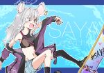  alternate_costume alternate_hairstyle animal_ears blue_archive character_name fang highres jacket long_hair midriff mouse_ears navel open_mouth outstretched_arms red_eyes saya_(blue_archive) shirt shorts skateboard skateboarding sky so_shi_te spread_arms thigh-highs 