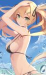  1girl absurdres armpits arms_up beach bikini black_bikini blonde_hair breasts from_side green_eyes hair_ornament hairclip hand_on_head highres in_water looking_at_viewer medium_breasts navel original solo sorami_sachi swimsuit twintails upper_body water wet 
