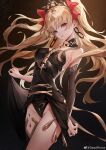  1girl absurdres bangs black_dress black_panties blonde_hair breasts chinese_commentary commentary_request cowboy_shot deadprince detached_sleeves dress earrings ereshkigal_(fate) eyebrows_visible_through_hair fate/grand_order fate_(series) floating_hair hair_ribbon highleg highleg_panties highres jewelry long_hair long_sleeves looking_at_viewer medium_breasts panties parted_bangs parted_lips red_eyes red_ribbon ribbon single_sleeve single_thighhigh solo standing thigh-highs tiara underwear weibo_username 