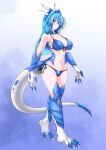  1girl absurdres bangs bikini blue_background blue_bikini blue_eyes blue_hair border breasts claws closed_mouth commission covered_nipples dragon_girl dragon_horns dragon_tail eyebrows_visible_through_hair full_body g_(genesis1556) gradient gradient_background highres horns large_breasts long_hair looking_at_viewer monster_girl multicolored_hair navel original skeb_commission solo standing streaked_hair swimsuit tail white_border white_hair 