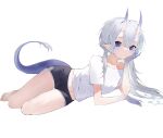  1girl breasts expressionless gym_shorts horns long_hair looking_at_viewer nicoillu oni_horns original scales shirt shorts small_breasts solo tail violet_eyes white_background white_hair white_shirt 