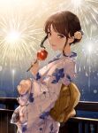  1girl bag bangs blue_kimono blush brown_eyes brown_hair candy_apple festival fireworks fish floral_print flower food goldfish hair_bun hair_flower hair_ornament highres hisao_0111 holding holding_bag holding_food japanese_clothes kimono long_hair long_sleeves looking_at_viewer looking_back night obi open_mouth original outdoors sash smile solo standing white_flower yukata 