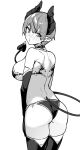 1girl absurdres ass bikini blush breasts brll demon_girl demon_horns demon_tail elbow_gloves from_behind full-face_blush gloves greyscale highres horns large_breasts looking_at_viewer looking_back monochrome original pointy_ears short_hair simple_background solo swimsuit tail thigh-highs white_background 