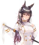  1girl absurdres animal_ears atago_(azur_lane) azur_lane black_hair breasts buttons cherry_blossoms closed_mouth coat commentary double-breasted eyebrows_visible_through_hair gloves hair_between_eyes hair_ribbon hand_on_hilt hand_on_own_chest highres holding holding_sword holding_weapon huo_de_xiaosa_qie_shoufa_l katana lips long_hair long_sleeves looking_at_viewer medium_breasts military military_uniform mole mole_under_eye orange_eyes petals ribbon simple_background smile solo sword uniform upper_body weapon white_background white_coat white_gloves white_ribbon 