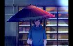  1boy bangs black_eyes black_hair closed_mouth holding holding_umbrella looking_to_the_side n_y naruto naruto_(series) night oil-paper_umbrella outdoors rain reflection short_hair short_sleeves solo uchiha_sasuke umbrella 