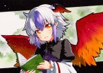  1girl bangs bird_wings blue_hair book head_wings holding holding_book horns multicolored_hair qqqrinkappp red_eyes red_wings short_hair silver_hair single_head_wing solo tokiko_(touhou) touhou traditional_media two-tone_hair white_hair wings 