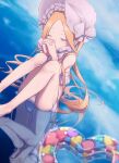  1girl abigail_williams_(fate) abigail_williams_(swimsuit_foreigner)_(fate) absurdres bangs bare_shoulders bikini blonde_hair bonnet bow breasts closed_eyes daisi_gi fate/grand_order fate_(series) forehead hair_bow highres innertube knees_up long_hair miniskirt parted_bangs reflection sidelocks sitting skirt small_breasts swimsuit twintails very_long_hair water white_bikini white_bow white_headwear 