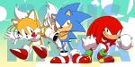  3boys :d animal_nose anniversary banel_springer closed_mouth commentary_request copyright_name furry gloves highres knuckles_the_echidna male_focus multiple_boys multiple_tails open_mouth red_footwear shoes smile sneakers snout sonic_(series) sonic_mania sonic_the_hedgehog sonic_the_hedgehog_(classic) tail tails_(sonic) thumbs_up two_tails white_gloves 