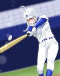  1girl absurdres ahoge baseball baseball_bat baseball_cap baseball_helmet baseball_jersey baseball_uniform belt glasses gloves hat helmet highres long_hair nijisanji silver_hair solo sportswear sukoya_kana tchai_covsky violet_eyes virtual_youtuber white_gloves white_hair 