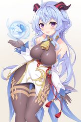  ahoge bangs bare_shoulders bell black_gloves blue_hair blush breasts chitosy detached_sleeves eyebrows_visible_through_hair ganyu_(genshin_impact) genshin_impact gloves gold_trim highres horns large_breasts long_hair looking_at_viewer neck_bell orb sidelocks simple_background smile solo very_long_hair violet_eyes vision_(genshin_impact) white_sleeves 