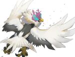  bird blurry closed_mouth commentary_request green_eyes highres hisuian_braviary hisuian_form looking_back mian_(3zandora) no_humans pokemon pokemon_(creature) talons white_background 