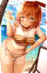  1girl absurdres bikini breasts brilliant_summer fate/grand_order fate_(series) fujimaru_ritsuka_(female) hair_ornament hair_scrunchie highres holding holding_eyewear large_breasts navel o-ring o-ring_bikini o-ring_top official_alternate_costume one_side_up orange_bikini orange_eyes orange_hair orange_scrunchie ruri_rarako scrunchie side-tie_bikini solo striped striped_bikini sunglasses swimsuit tan toukan 