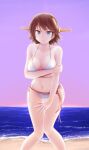  1girl alternate_costume bikini blue_eyes breasts brown_hair flipped_hair hairband headgear hiei_(kancolle) highres kantai_collection medium_breasts meihemu navel remodel_(kantai_collection) short_hair side-tie_bikini solo swimsuit white_bikini 