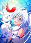  1girl :d arm_tattoo artist_name blue_background blue_bow blue_eyes bow detached_sleeves feathers hands_up hatsune_miku kawanobe looking_up mittens open_mouth rabbit rabbit_yukine smile snowflakes star_(symbol) tattoo twintails upper_body vocaloid white_hair white_neckwear yuki_miku 