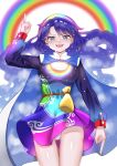  absurdres adapted_costume ailu_elf bag blue_eyes blue_hair cape day dress highres multicolored multicolored_clothes multicolored_dress multicolored_hairband panties pantyshot pointing pointing_down pointing_up rainbow rainbow_gradient rainbow_print sky sky_print starry_sky_print tenkyuu_chimata touhou two-sided_cape two-sided_fabric underwear white_background white_panties 