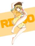  1girl animal_ears artist_request bare_legs barefoot brown_headwear cabbie_hat commentary dango eating eyebrows_visible_through_hair feet flat_cap floppy_ears food full_body hat holding holding_food midriff_peek orange_shirt rabbit_ears red_eyes ringo_(touhou) shirt short_hair short_sleeves shorts skewer striped striped_shorts toenails toes touhou wagashi yellow_shorts 