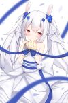 1girl animal_ears azur_lane bangs bare_shoulders blurry bouquet bow collarbone commentary_request depth_of_field dress eyebrows_visible_through_hair fake_animal_ears flower gloves hair_between_eyes hair_bow hair_flower hair_ornament hair_ribbon highres holding holding_bouquet irokari laffey_(azur_lane) laffey_(white_rabbit&#039;s_oath)_(azur_lane) long_hair looking_at_viewer petals rabbit_ears red_eyes ribbon sidelocks simple_background smile solo strapless strapless_dress wedding_dress white_background white_dress white_gloves white_hair 