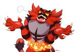 =3 claws colored_sclera commentary fire furry green_eyes incineroar looking_up open_mouth pokemon pokemon_(creature) signature solo teeth third_cookie tongue white_background yellow_sclera 