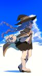  1girl absurdres black_skirt blue_eyes blue_hair blue_sky boots braid brown_cape cape closed_mouth clouds commentary_request full_body hat highres long_hair mushoku_tensei otoma_(matoi0603) pleated_skirt profile roxy_migurdia shadow shirt skirt sky solo twin_braids walking white_footwear white_shirt witch_hat 