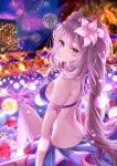  1girl absurdres bangs bare_shoulders bikini blue_bikini blue_eyes blush breasts cocktail_glass cup drinking_glass fate/grand_order fate_(series) fireworks flower hair_flower hair_ornament highres huge_filesize long_hair looking_at_viewer looking_back marie_antoinette_(fate) marie_antoinette_(swimsuit_caster)_(fate) medium_breasts night night_sky pool sarong sidelocks silver_hair sitting sky smile sparkle swimsuit thighs totomiya twintails very_long_hair 