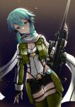  1girl absurdres artist_name blue_eyes blue_hair closed_mouth fingerless_gloves gloves gun highres holding holding_gun holding_weapon jacket looking_at_viewer rifle ryuuneart short_hair shorts sinon solo sword_art_online thigh-highs thigh_strap thighs weapon 