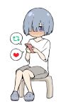  1boy bangs blue_eyes blue_hair blush cellphone crocs full_body grey_shorts hair_over_one_eye like_and_retweet male_focus no_mouth nose_blush phone shirt shorts simple_background sitting sky-freedom smartphone solo spoken_symbol twitter white_background white_shirt 