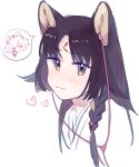  1girl animal_ears arknights black_eyes black_hair braid chinese_commentary closed_mouth commentary_request dog_ears earphones earphones eyebrows_visible_through_hair facial_mark forehead_mark heart japanese_clothes kemono_(fukanasumi) kimono light_blush long_hair looking_at_viewer microphone saga_(arknights) simple_background single_braid smile solo sora_(arknights) upper_body white_background 