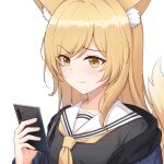  1girl animal_ear_fluff animal_ears ars.rin bangs black_shirt blonde_hair blue_jacket blush breasts cellphone closed_mouth collarbone commentary_request eyebrows_visible_through_hair fox_ears fox_girl fox_tail hand_up holding holding_phone jacket long_hair long_sleeves medium_breasts original phone sailor_collar school_uniform shiny shiny_hair shirt simple_background smartphone solo tagme tail upper_body wavy_mouth white_background white_sailor_collar 