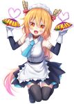  1girl :d black_legwear blonde_hair blush commentary_request dragon_girl dragon_horns eyebrows_visible_through_hair fang food full_body gloves hair_between_eyes heart highres holding holding_plate horns kobayashi-san_chi_no_maidragon long_hair looking_at_viewer maid_headdress omelet open_mouth orange_eyes plate pontasu revision simple_background slit_pupils smile solo thigh-highs tohru_(maidragon) very_long_hair white_background white_gloves zettai_ryouiki 