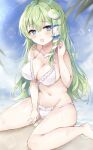  1girl bangs bare_shoulders barefoot beach bikini blue_eyes blue_sky blush bra breasts eyebrows_visible_through_hair frog_hair_ornament green_hair hair_between_eyes hair_ornament hair_tubes hairpin hand_up highres hiiro60 kochiya_sanae long_hair looking_at_viewer medium_breasts navel ocean open_mouth panties sand seiza sitting sky smile snake_hair_ornament solo stomach sunlight swimsuit touhou underwear water white_bikini white_bra white_panties 