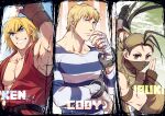  1girl 2boys armpits bandaged_hands bandages blonde_hair character_name character_request cody_travers cuffs dougi forked_eyebrows grin handcuffs ibuki_(street_fighter) ken_masters male_cleavage mask mouth_mask multiple_boys muscular muscular_male ninja ninja_mask pectorals prison_clothes red_shirt shirt short_hair sideburns sidepec sleeveless sleeveless_shirt smile street_fighter thick_eyebrows upper_body yuiofire 
