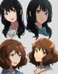  2girls absurdres bangs black_hair blue_sailor_collar brown_eyes closed_mouth grey_background hibike!_euphonium highres kitauji_high_school_uniform kousaka_reina long_hair looking_at_viewer multiple_girls multiple_views oone0206 open_mouth oumae_kumiko sailor_collar school_uniform serafuku short_hair simple_background smile upper_body violet_eyes white_sailor_collar 