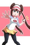  1girl black_legwear blue_eyes blush bow breasts brown_hair commentary double_bun highres holding holding_poke_ball legs_apart legwear_under_shorts long_hair looking_at_viewer notice_lines open_mouth outline pantyhose pink_bow poke_ball poke_ball_(basic) pokemon pokemon_(game) pokemon_bw2 raglan_sleeves rosa_(pokemon) shirt short_shorts shorts solo spread_fingers twintails visor_cap yellow_shorts yuu_(vy6wh7hqrrxdxx7) 