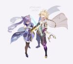  1boy 1girl aether_(genshin_impact) blonde_hair braid braided_ponytail from_above genshin_impact highres holding holding_weapon keqing_(genshin_impact) nyantcha purple_hair sparks sword twintails violet_eyes weapon yellow_eyes 