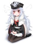  1girl azur_lane bangs black_footwear black_legwear blush brown_eyes coat commentary_request detached_collar eyebrows_visible_through_hair fur-trimmed_coat fur_trim hair_between_eyes hat iron_cross keicyanyan long_hair long_sleeves looking_at_viewer pantyhose peaked_cap pleated_skirt pout shoes sidelocks silver_hair simple_background sitting skirt solo tearing_up v-shaped_eyebrows v_arms visible_air wariza white_background white_skirt zeppy_(azur_lane) 