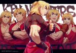  1boy age_progression black_shirt blonde_hair crossed_arms dougi forked_eyebrows headband ken_masters looking_at_viewer male_cleavage male_focus mature_male medium_hair muscular muscular_male older pectorals red_shirt shirt short_hair sleeveless sleeveless_shirt street_fighter taut_clothes taut_shirt thick_eyebrows thumbs_up torn_clothes torn_shirt yuiofire 