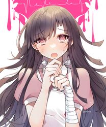  1girl apron bandaged_arm bandages bangs blush collared_shirt commentary_request dalrye dangan_ronpa_(series) dangan_ronpa_2:_goodbye_despair dress_shirt eyebrows_visible_through_hair hands_up long_hair looking_at_viewer mole mole_under_eye open_mouth own_hands_together pink_background pink_eyes pink_shirt puffy_short_sleeves puffy_sleeves shirt short_sleeves simple_background solo tsumiki_mikan twitter_username upper_body white_apron 