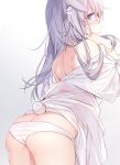  1girl absurdres animal_ears ass back bare_shoulders cowboy_shot emia_(castilla) grey_hair hand_up highres leaning_forward long_hair looking_at_viewer looking_back no_pants original panties shirt shoulder_blades solo standing tail underwear violet_eyes white_panties white_shirt 